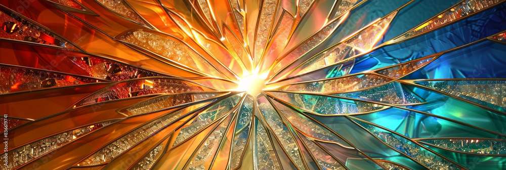 A vibrant 3D wall art of a radiant sunburst, with intricate rays crafted from polished metal and acrylic. A vibrant 3D wall art of a radiant sunburst, with intricate rays crafted from polished metal and acrylic.