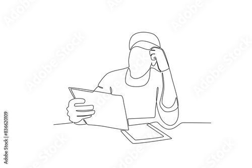 Single continuous line drawing of A confused man looks at a file. Stressed working in office with problem. One line draw design vector illustration
