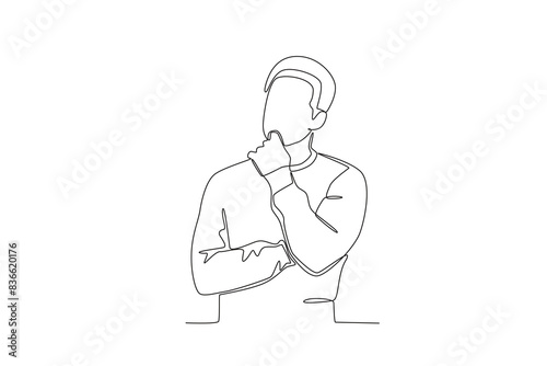 Single continuous line drawing of A man who was confused while holding his chin. Stressed working in office with problem. One line draw design vector illustration
