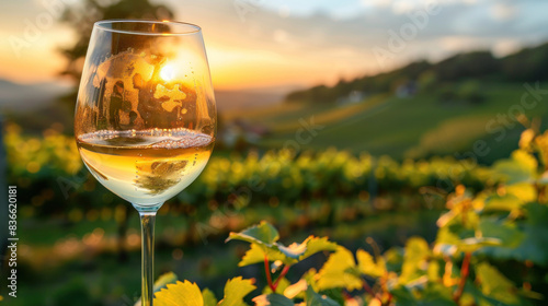 Pouring white wine into a glass, framed by a vineyard glowing in the sunshine