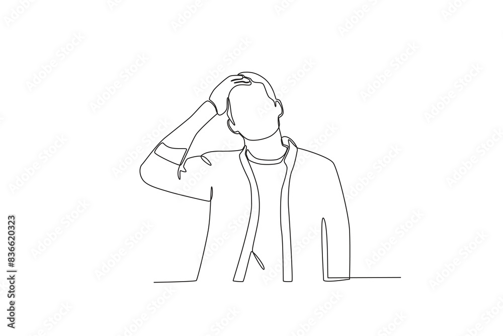Single continuous line drawing of A stressed man holding his head. Stressed working in office with problem. One line draw design vector illustration
Single continuous line drawing of A stressed man holding his head. Stressed working in office with problem. One line draw design vector illustration