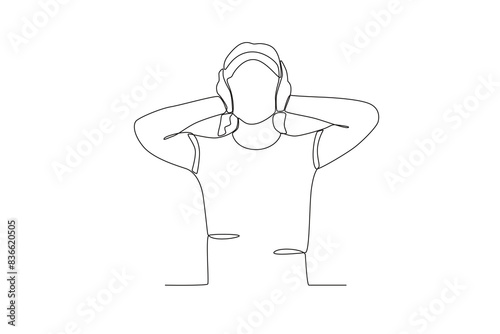 Single continuous line drawing of A stressed woman with ear plugs. Stressed working in office with problem. One line draw design vector illustration
