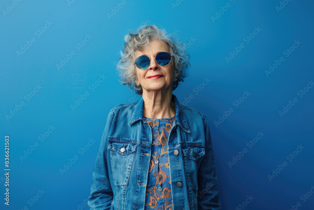 Stylish senior woman against blue wall