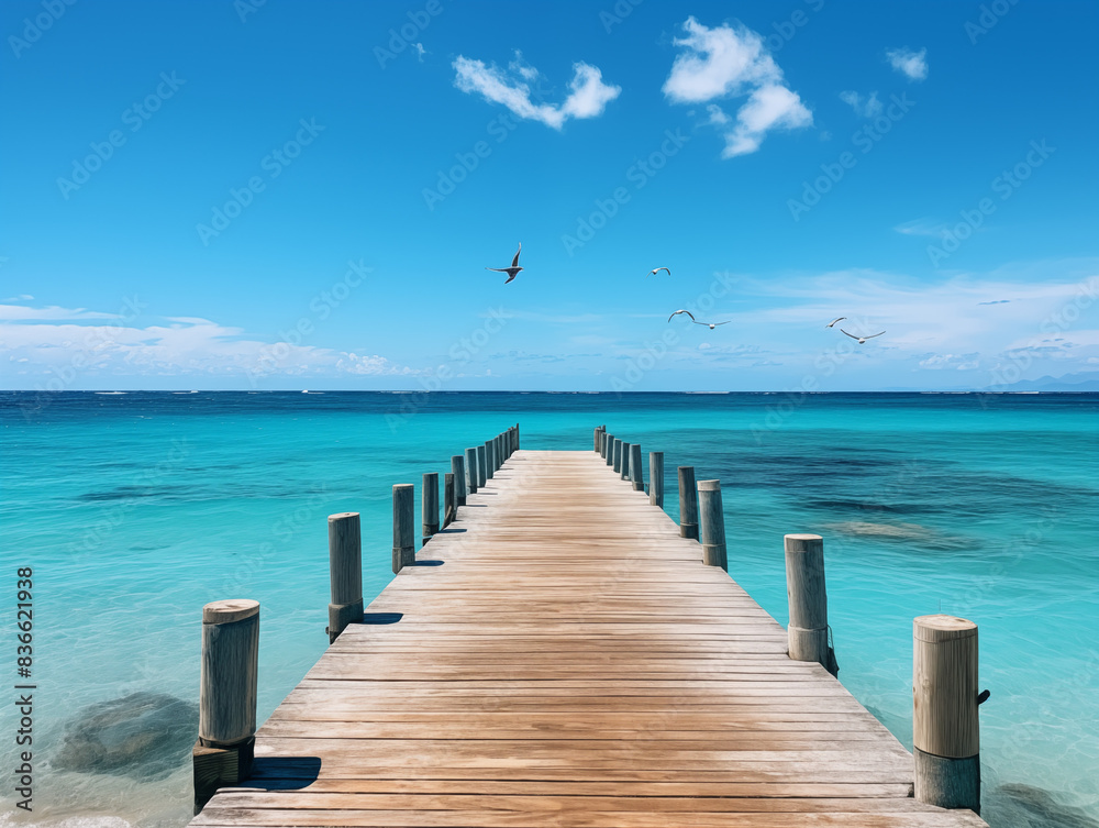 Fototapeta premium A Long Wooden Pier Extending Into The Ocean, With Gentle Waves And Seagulls Against A Clear Blue Sky