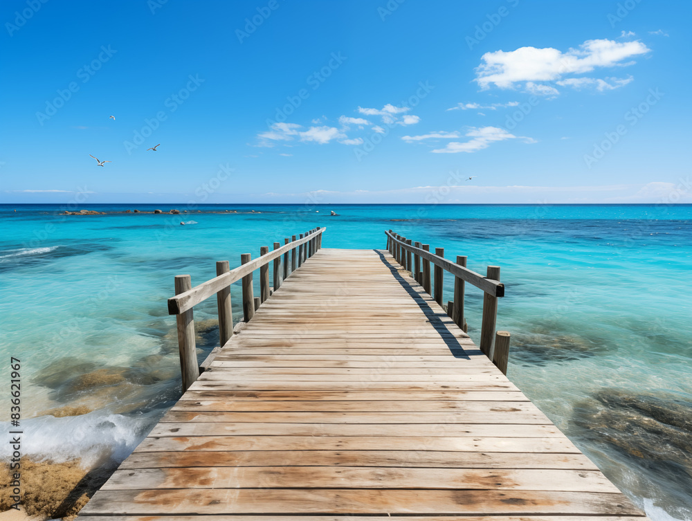 A Long Wooden Pier Extending Into The Ocean, With Gentle Waves And Seagulls Against A Clear Blue Sky A Long Wooden Pier Extending Into The Ocean, With Gentle Waves And Seagulls Against A Clear Blue Sky