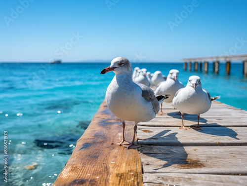 A Long Wooden Pier Extending Into The Ocean, With Gentle Waves And Seagulls Against A Clear Blue Sky