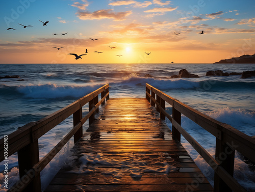 A Long Wooden Pier Extending Into The Ocean  With Gentle Waves And Seagulls Against A Clear Blue Sky