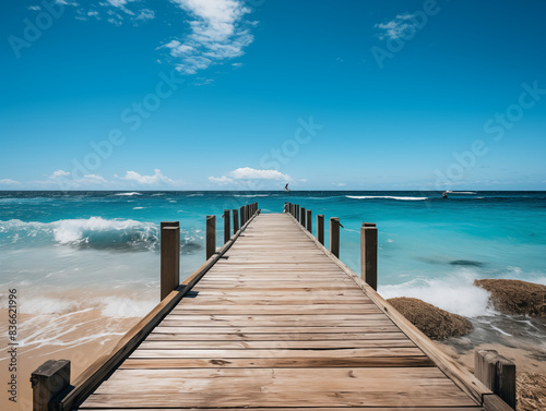 A Long Wooden Pier Extending Into The Ocean  With Gentle Waves And Seagulls Against A Clear Blue Sky