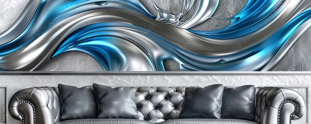 Abstract waves 3D wall art in silver and blue with a luxurious gray leather sofa. Abstract waves 3D wall art in silver and blue with a luxurious gray leather sofa.