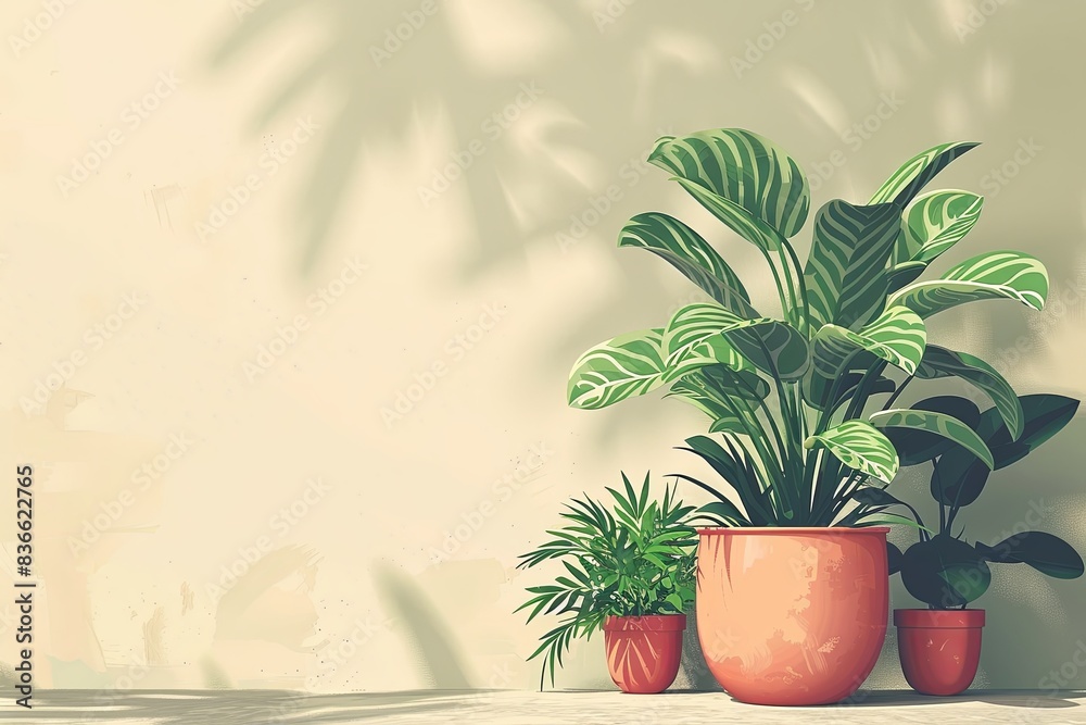 Arrangement of green houseplants in colorful pots against a light wall casting shadows. Urban jungle and indoor gardening concept. Arrangement of green houseplants in colorful pots against a light wall casting shadows. Urban jungle and indoor gardening concept.