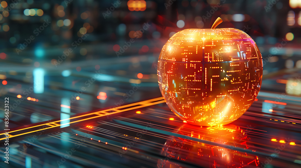A red apple with a lightning bolt on it sits on a computer keyboard A red apple with a lightning bolt on it sits on a computer keyboard