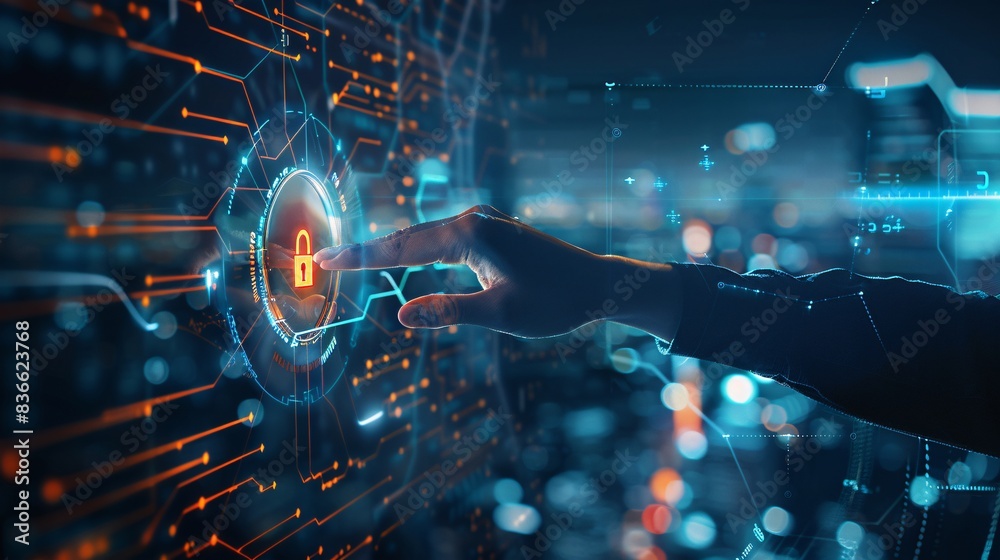 Cyber Security and Digital Technology Concept: Businessman Touching Padlock Icon on Futuristic Interface Screen in City Background Cyber Security and Digital Technology Concept: Businessman Touching Padlock Icon on Futuristic Interface Screen in City Background