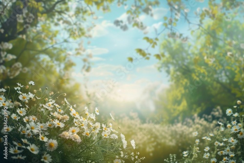 Sunlit meadow with blooming wildflowers and a clear blue sky, evoking a sense of serenity and natural beauty.