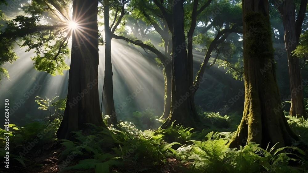 Enchanting Forests: Tranquil Scenes Bathed in Morning Sunlight, Misty Woodlands: Serene Paths Through Nature's Autumn Tapestry, Sunlit Glades and Misty Trails: Exploring the Tranquil Beauty of Forest 