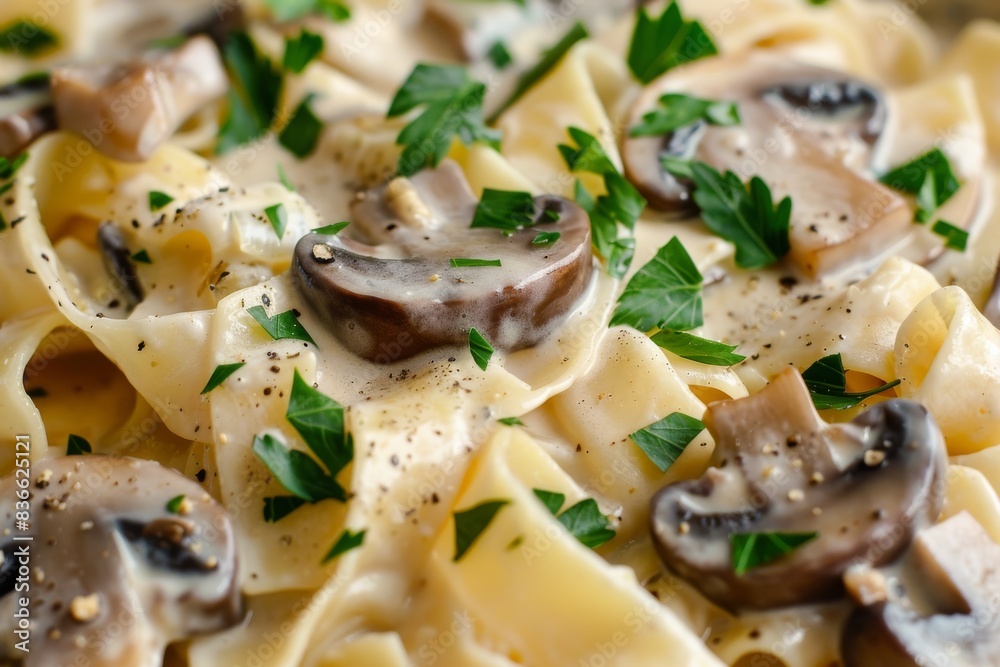 Close up view of mushroom pappardelle with cream sauce and parsley Close up view of mushroom pappardelle with cream sauce and parsley