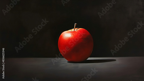 A red apple is sitting on a table in front of a dark background