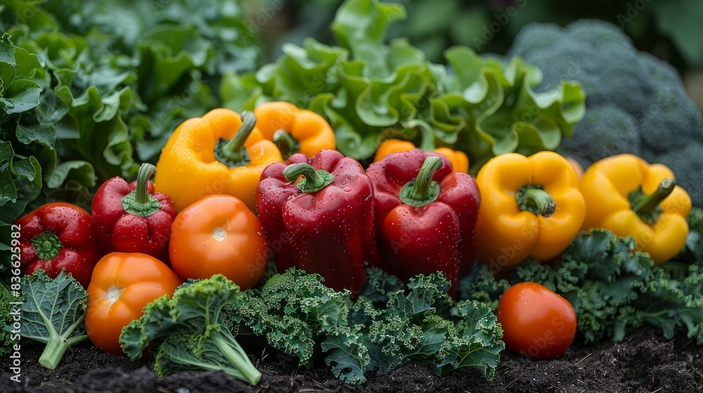 Fresh organic vegetables, such as peppers and kale, growing abundantly in a well-maintained garden, reflecting the rewards of organic farming. Fresh organic vegetables, such as peppers and kale, growing abundantly in a well-maintained garden, reflecting the rewards of organic farming.