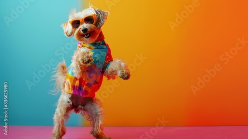 Happy pet with sunglasses and colorful fashion outfit dancing on dual colour background with copy space. Fun night party animal creative concept. Generative AI. © Business Pics