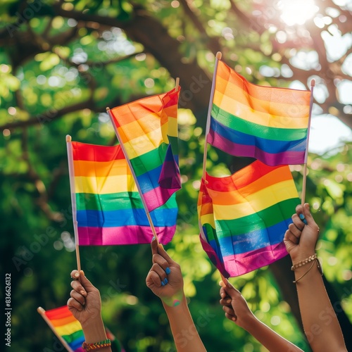 Multiple hands holding up rainbow flags in a celebratory manner, set against a lush green background. The vibrant colors of the flags stand out brightly, symbolizing LGBTQ+ pride and solidarity.  photo