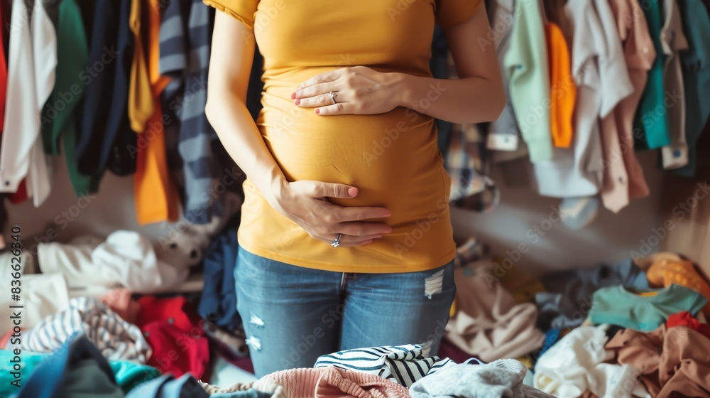 Obraz premium Pregnant woman standing in front of wardrobe filled with clothes, holding her belly and wearing a yellow shirt and jeans.