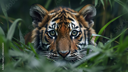 Cute young tiger hiding in the grass
