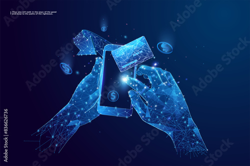 Abstract modern phone, credit bank card, and falling coins on a mobile screen. Save money and cashback concept. Light blue polygonal vector illustration.