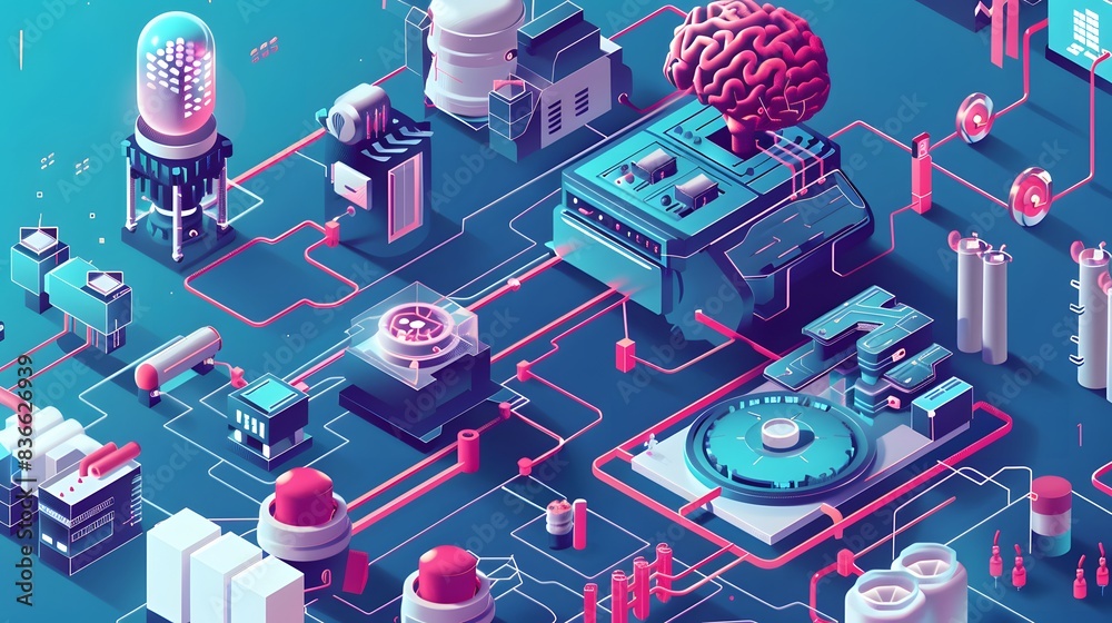 Illustration of Applying AI and ML algorithms to analyze data and optimize industrial processes, improve quality control, and enhance production efficiency. Ai Generate. Illustration of Applying AI and ML algorithms to analyze data and optimize industrial processes, improve quality control, and enhance production efficiency. Ai Generate.
