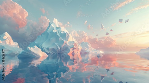 A bizarre landscape where the ground appears to ripple like water under a sky scattered with floating, geometric shapes. The simplicity of the shapes and the use of soft, harmonious colors create a photo