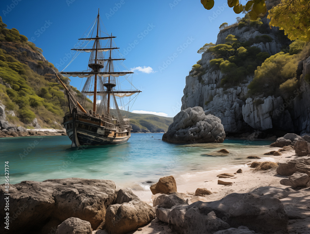 Pirate Cliffs A Weathered Pirate Ship In A Secluded Cove, With Tattered Sails And A ...