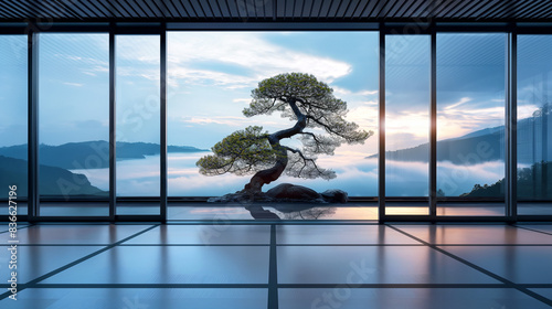 Tranquil Zen Garden with Bonsai Tree and Mountain View at Sunrise. Generative AI	 photo