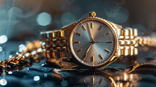 SchÃ¶ne goldene Armbanduhr mit Gliederarmband und Retro Stil als Produktfotografie, ai generativ. photo