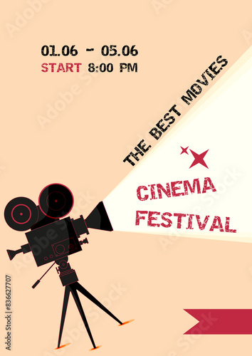 Film poster design on background with retro movie camera and film strip. Can be used for banner, brochure, leaflet, flyer, print. Camera elements.