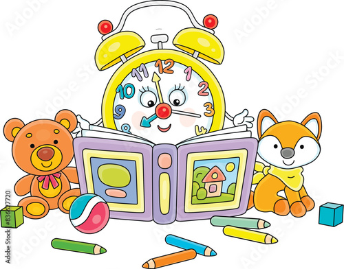Funny alarm clock cartoon character reading an interesting fairy tale book among funny toys in a nursery room, vector cartoon illustration isolated on a white background