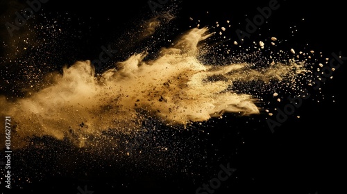 A vibrant explosion of gold powder erupts against a stark black background, creating a mesmerizing cloud of particles that dance and swirl in mid-air. golden yellow powder explosion on a black.