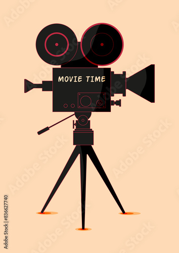 Film poster design on background with retro movie camera and film strip. Can be used for banner, brochure, leaflet, flyer, print. Camera elements.