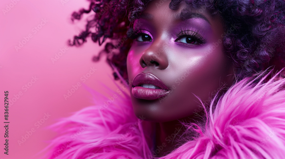 Close-up portrait of a woman with vibrant makeup in a pink fur coat. Generative AI Close-up portrait of a woman with vibrant makeup in a pink fur coat. Generative AI