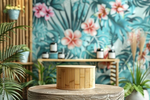 Background image of a trendy cafe with summerthemed decorations, featuring a bamboo podium for product placement photo