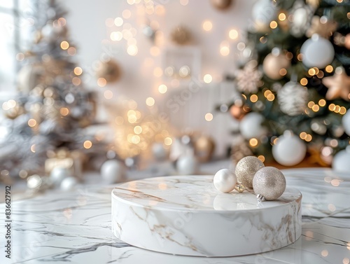 Background image of a trendy cafe with winter holiday decorations, featuring a white marble podium for product placement