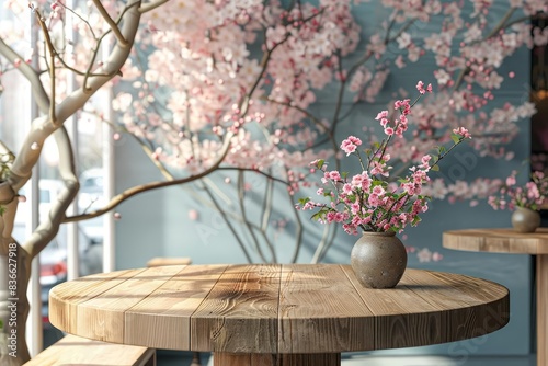 Background image of a trendy cafe with spring flowers, featuring a wooden podium for product placement photo