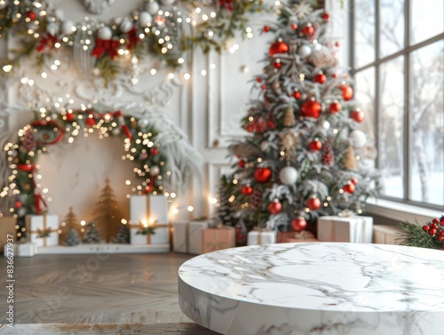 Background image of a trendy cafe with winter holiday decorations, featuring a white marble podium for product placement photo