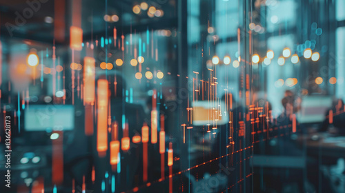 Stock Price Fluctuations on Candlestick Chart with Market Analysts, Trading Floor Background