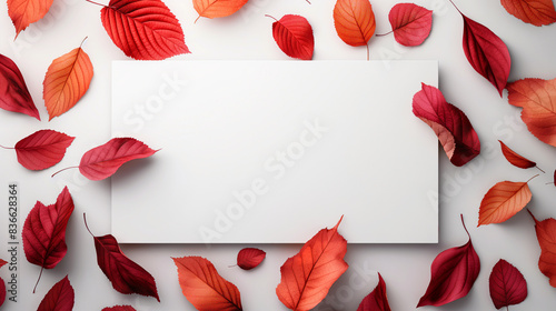 Autumn leaves surrounding blank white card on a white background. Copy space. Generative AI 