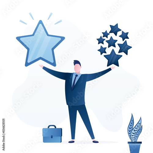 Smart businessman holding high quality stars versus other ordinary stars. Good reputation. Quality vs quantity, management to assure excellent work outcome,