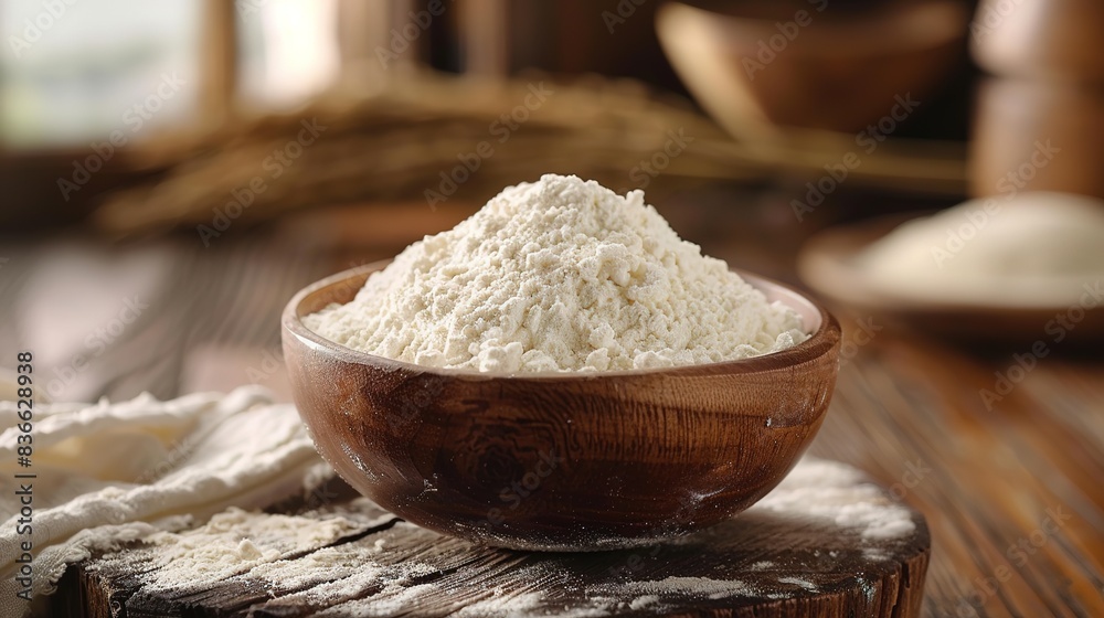 A bowl of flour is placed on a wooden table top A bowl of flour is placed on a wooden table top