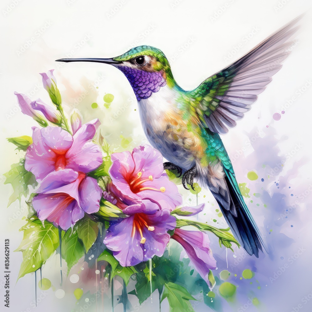 Fototapeta premium A colorful hummingbird with a long bill hovers near a purple flower.