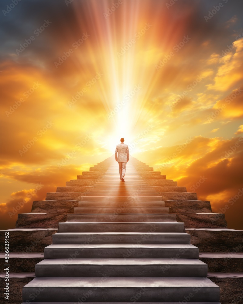 A lone figure ascends a stairway to heaven, bathed in ethereal light. The path to enlightenment and hope. A lone figure ascends a stairway to heaven, bathed in ethereal light. The path to enlightenment and hope.