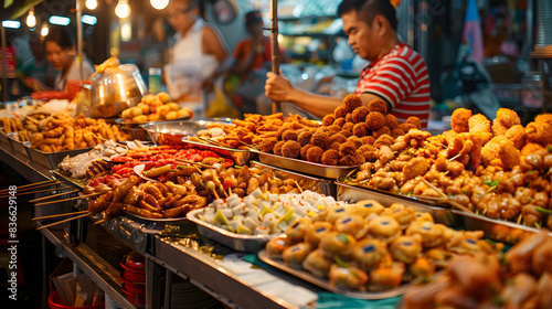 Vibrant Thai street food stall at night with a variety of delicious dishes being prepared and served