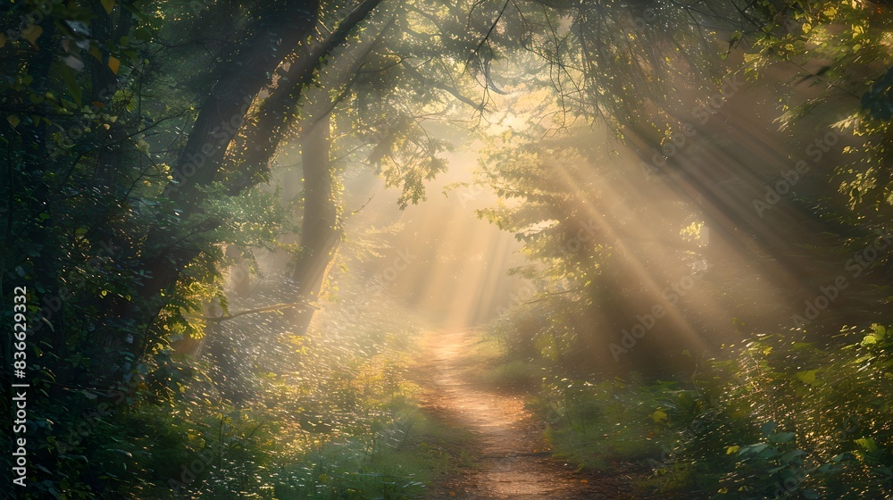 Enchanted Forest Path with Sunbeams Pouring Through Misty Trees Enchanted Forest Path with Sunbeams Pouring Through Misty Trees