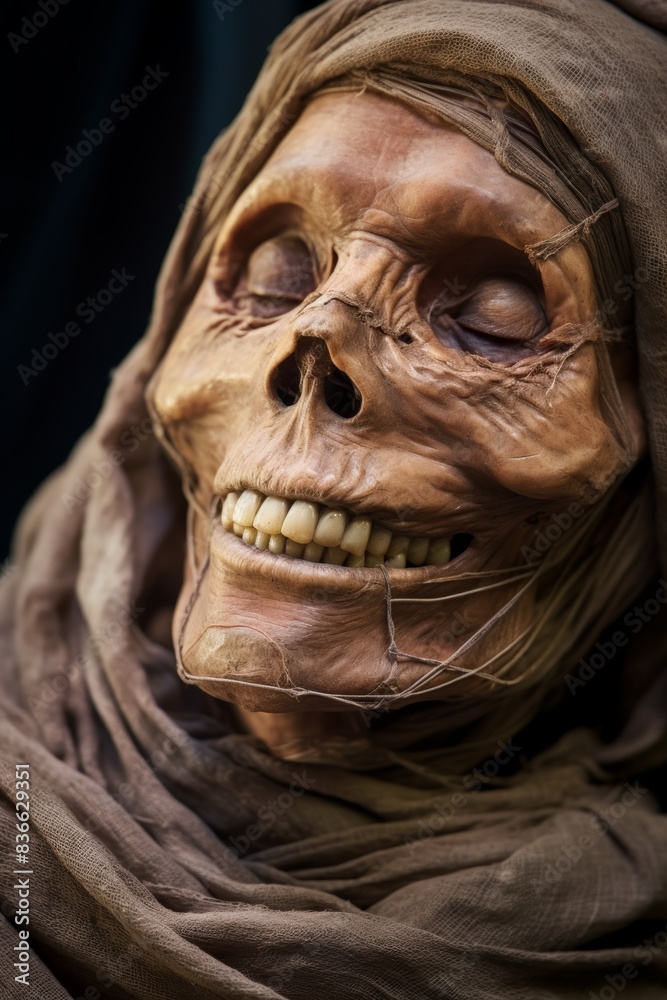 A skeletal face with closed eyes and a slight smile, partially obscured by a brown cloth. A skeletal face with closed eyes and a slight smile, partially obscured by a brown cloth.