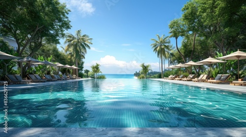Serene tropical resort poolside scene with luxurious loungers and umbrellas, surrounded by tropical trees. Travel vacation